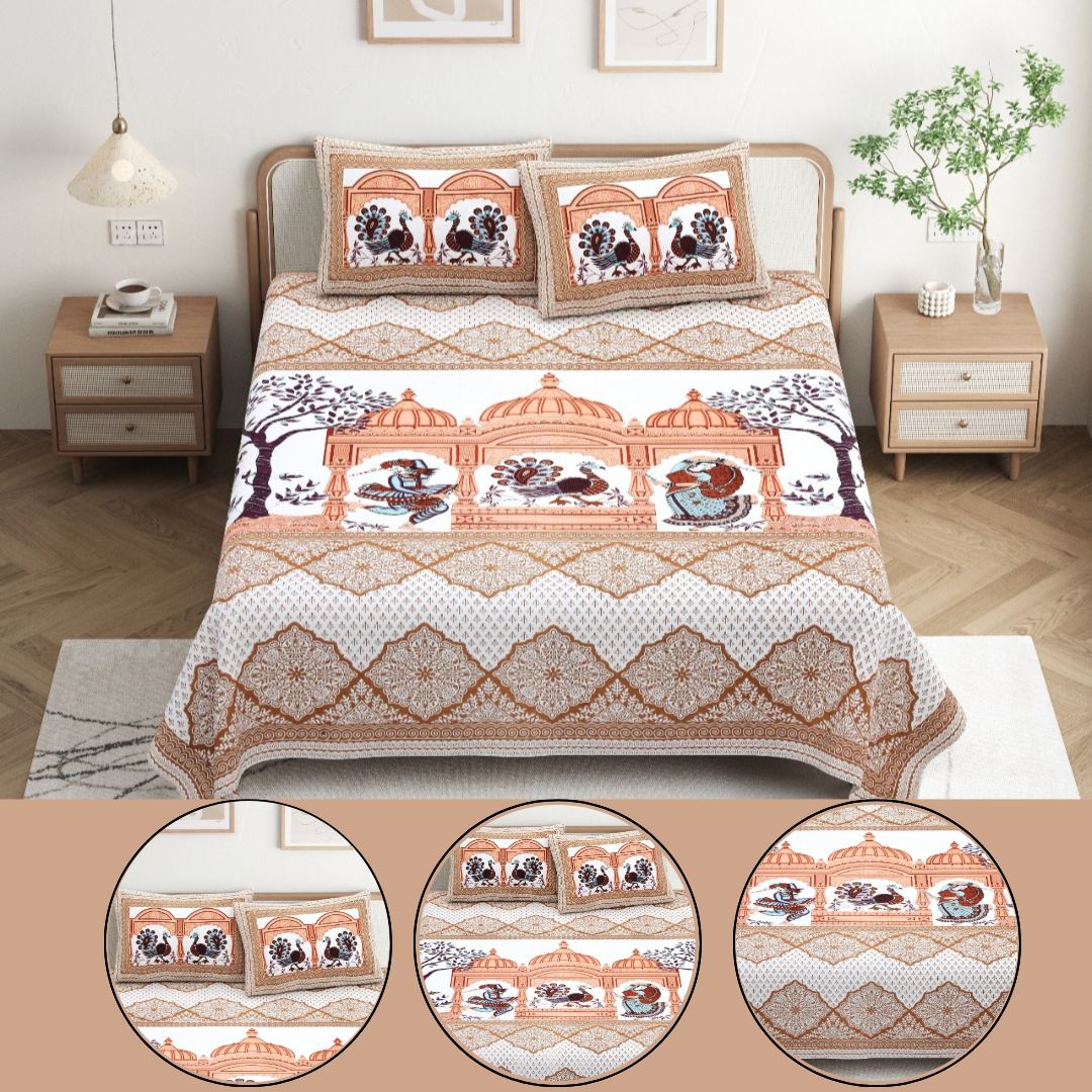 Chitrakala Palki Darbar – Golden King Size Bedsheet with Pillow Covers