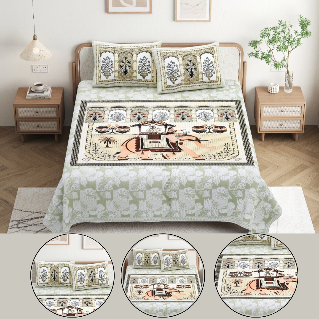Chitrakala Hathi Maharaja – Pista Green King Size Bedsheet with Pillow Covers