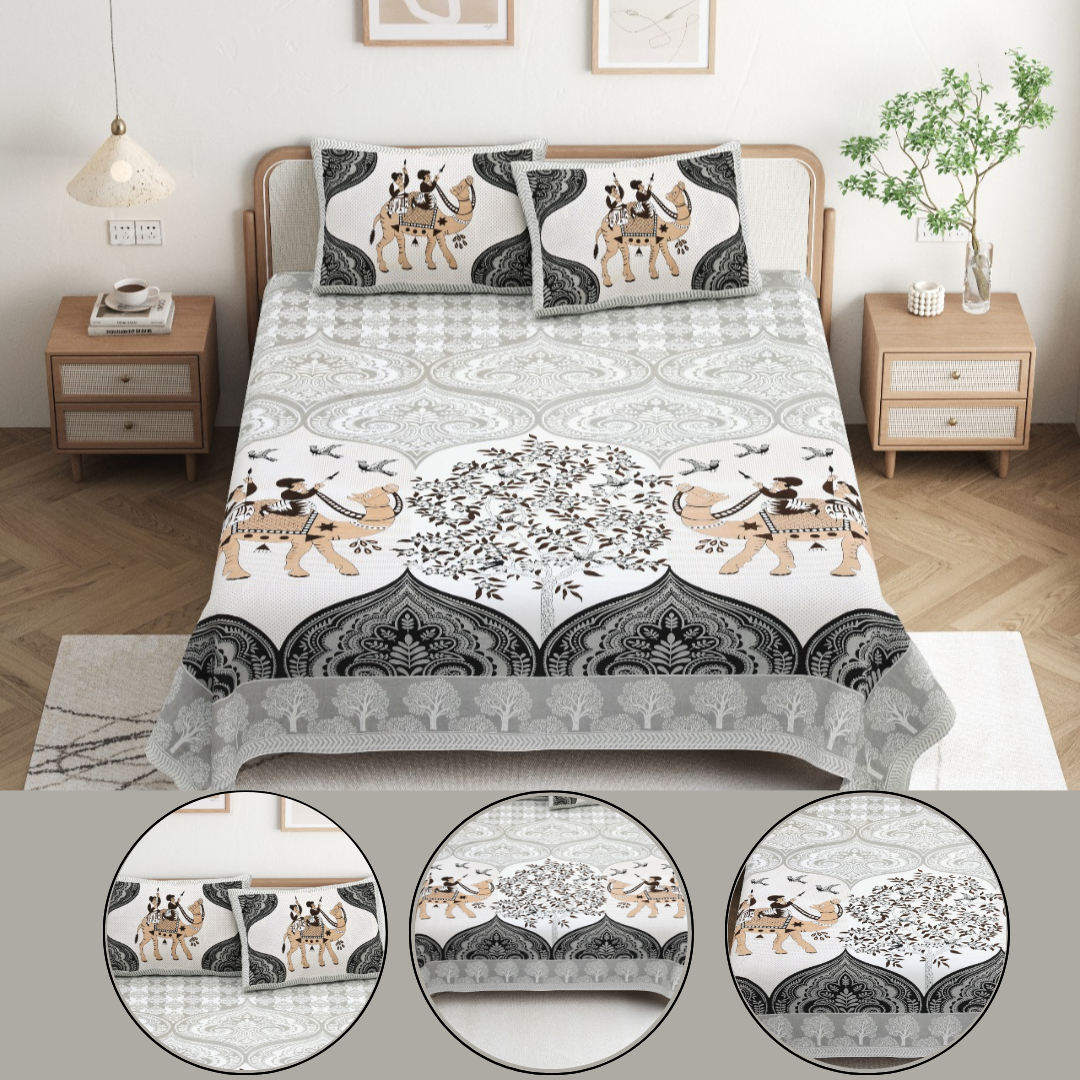 Chitrakala Camel Vistaar – Grey King Size Bedsheet with Pillow Covers