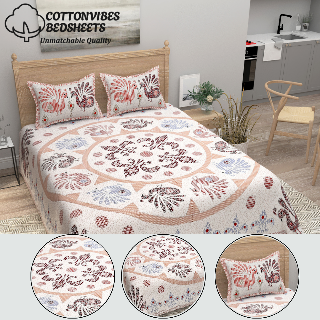 Royal Peacock Print Pure Cotton Super King Size Bedsheet 108x108 for Double Bed with 2 Pillow Covers
