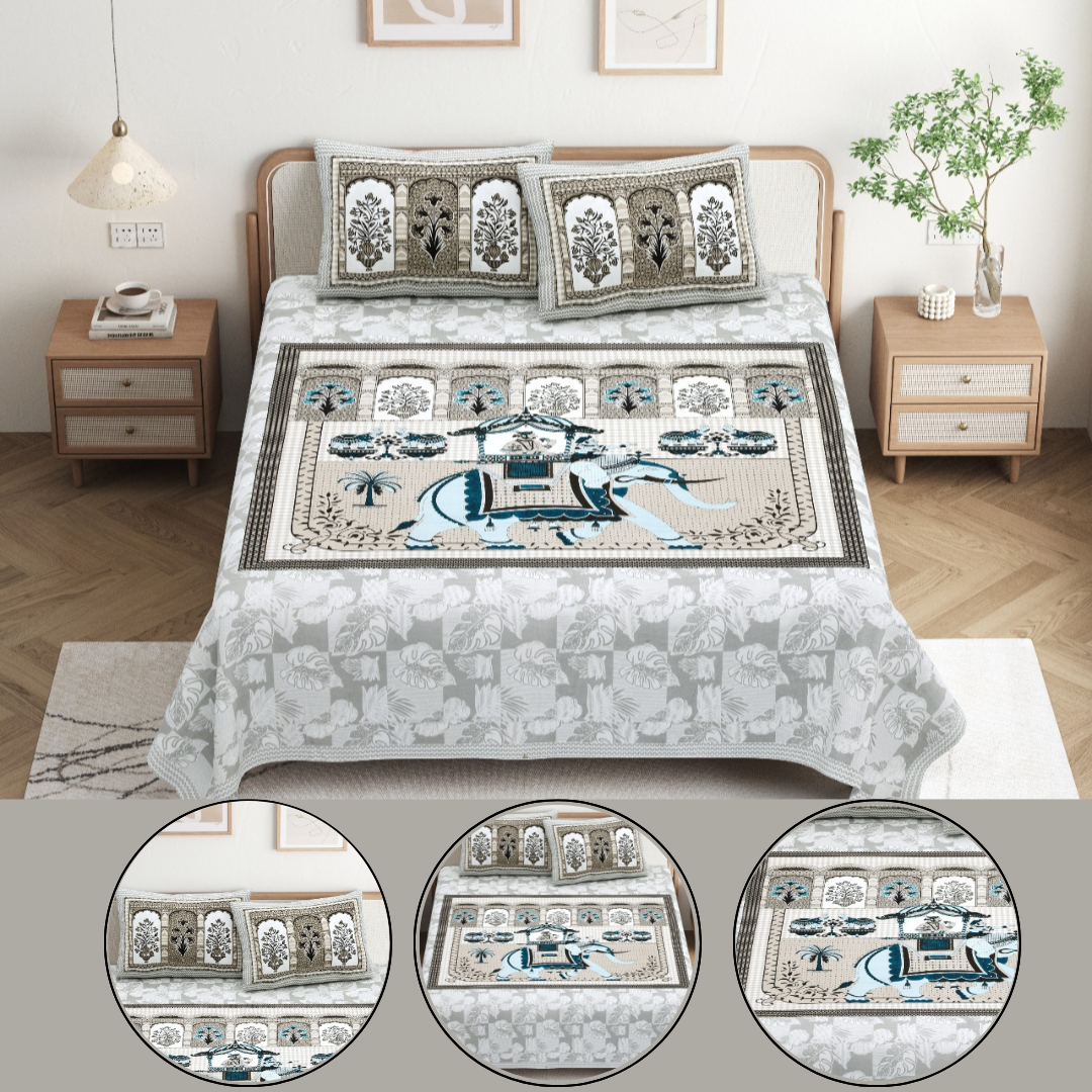 Chitrakala Hathi Maharaja – Grey King Size Bedsheet with Pillow Covers