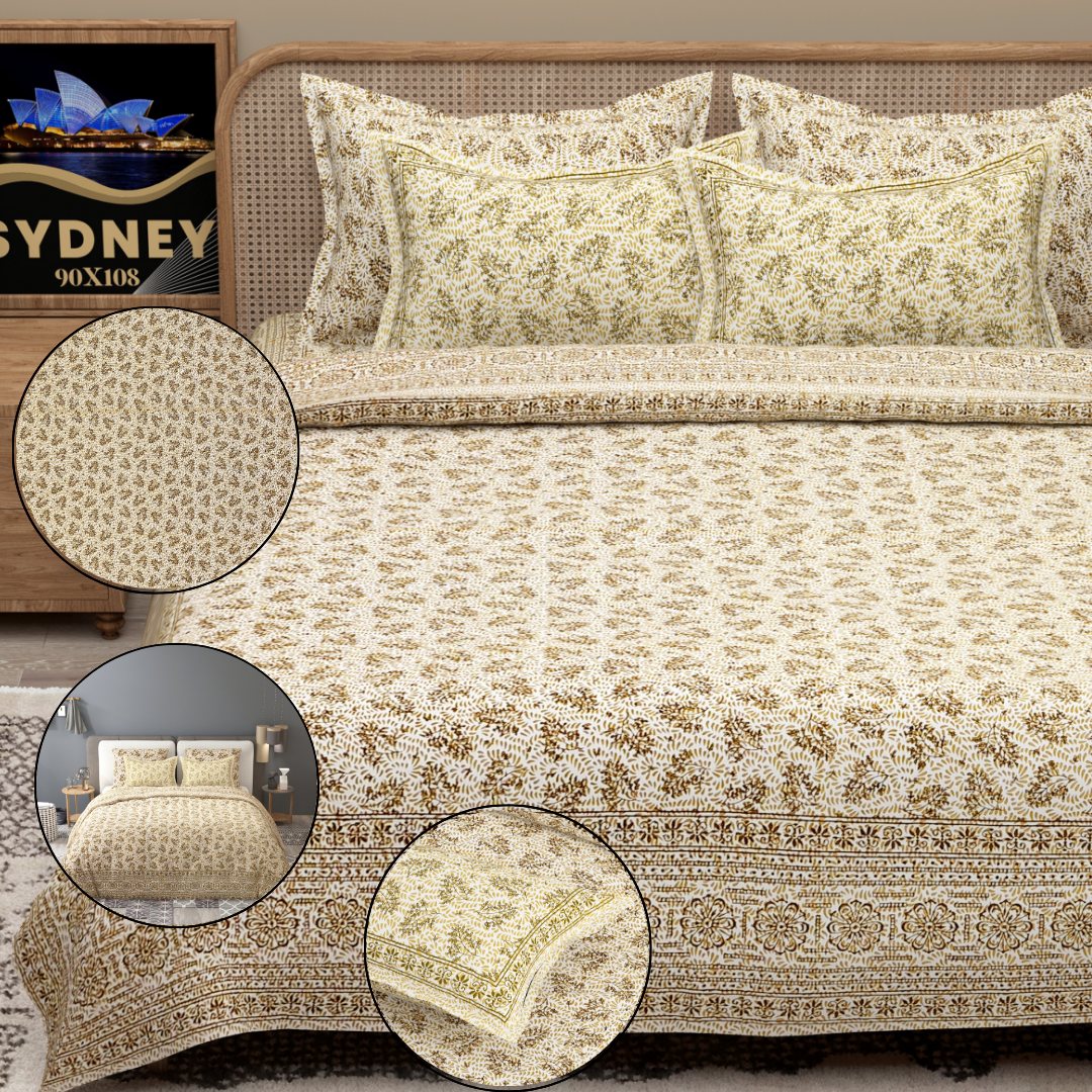 Sydney Golden Bloom Pure Cotton King Size Bedsheet (90x108) with 2 Pillow Covers