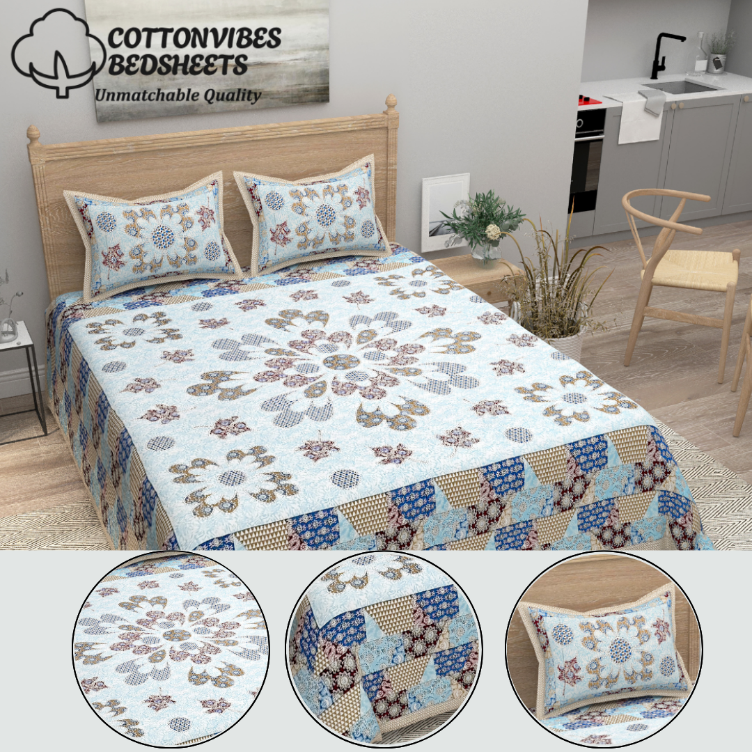 Royal Floral Bliss Pure Cotton Super King Size Bedsheet (108x108) with 2 Pillow Covers