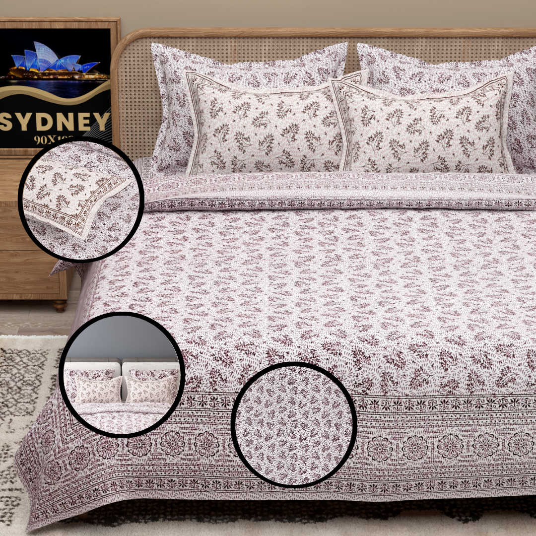 Sydney Purple Blossom Pure Cotton King Size Bedsheet (90x108) with 2 Pillow Covers