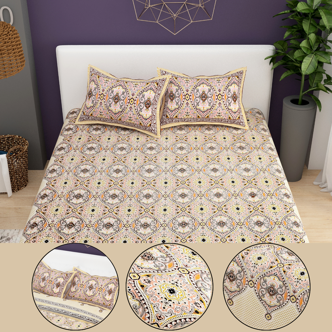 Sydney Cream Heritage Pure Cotton King Size Bedsheet (90x108) with 2 Pillow Covers