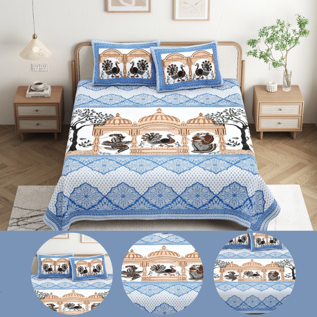 Chitrakala Palki Darbar – Blue King Size Bedsheet with Pillow Covers