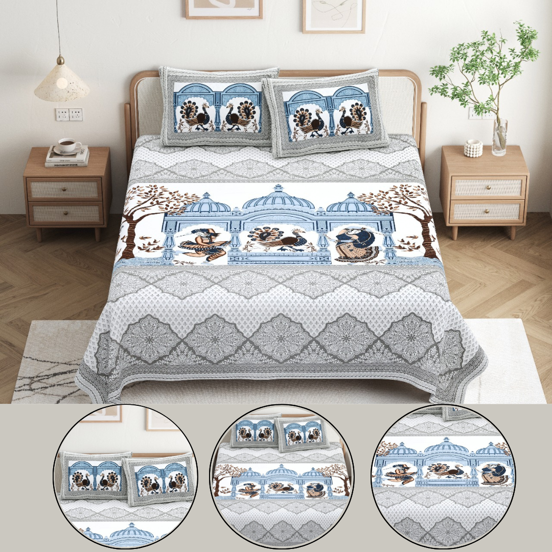 Chitrakala Palki Darbar – Blue Grey King Size Bedsheet with Pillow Covers