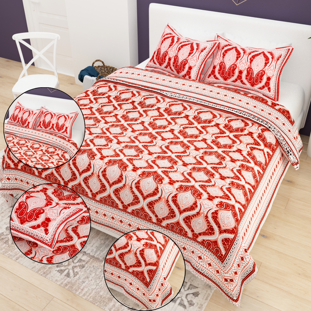 Sydney Red Paisley Charm Pure Cotton King Size Bedsheet (90x108) with 2 Pillow Covers