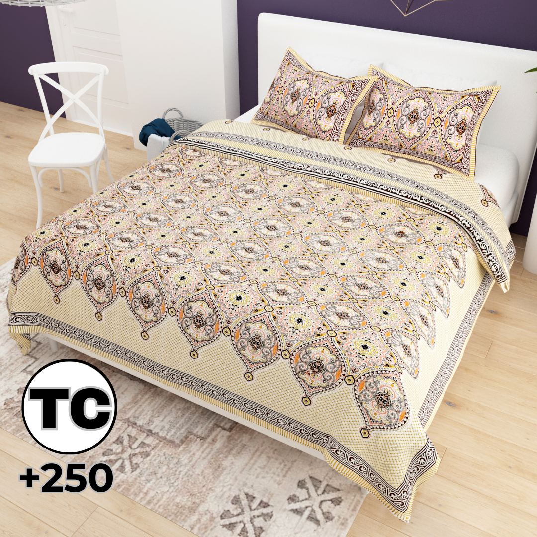 Sydney Cream Heritage Pure Cotton King Size Bedsheet (90x108) with 2 Pillow Covers