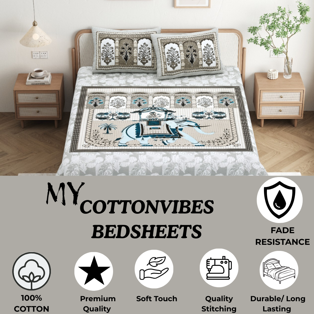 Chitrakala Hathi Maharaja – Grey King Size Bedsheet with Pillow Covers