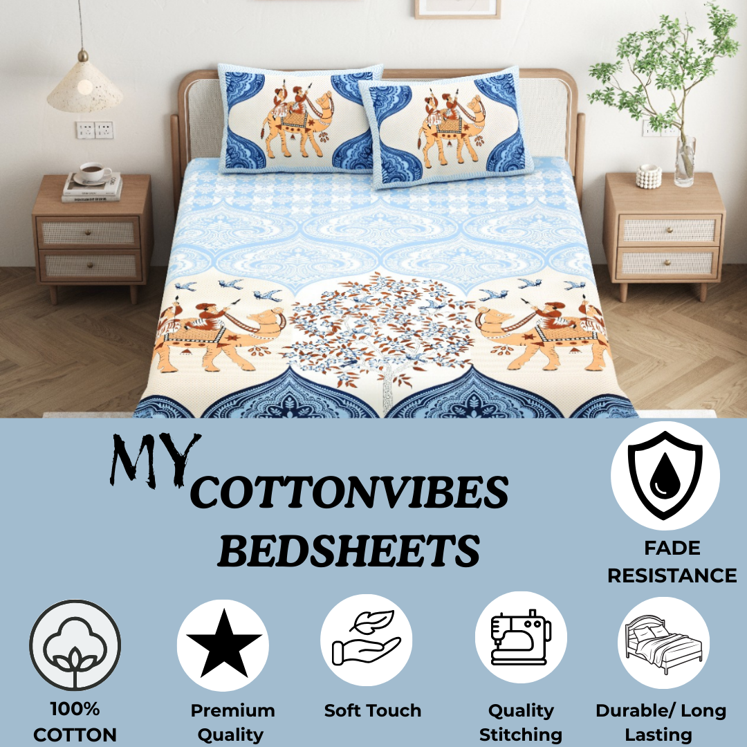 Chitrakala Camel Vistaar – Blue King Size Bedsheet with Pillow Covers