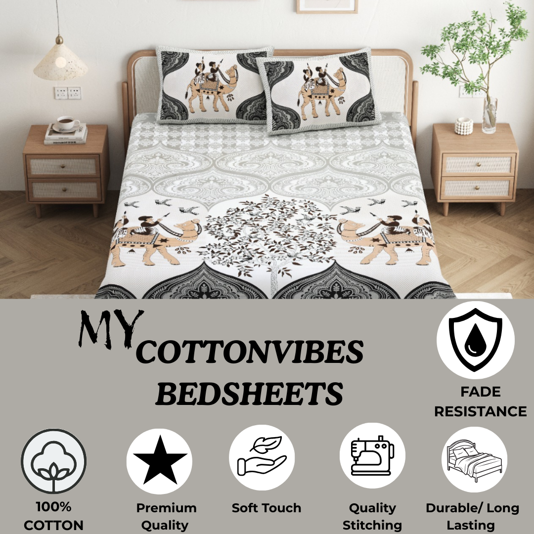 Chitrakala Camel Vistaar – Grey King Size Bedsheet with Pillow Covers