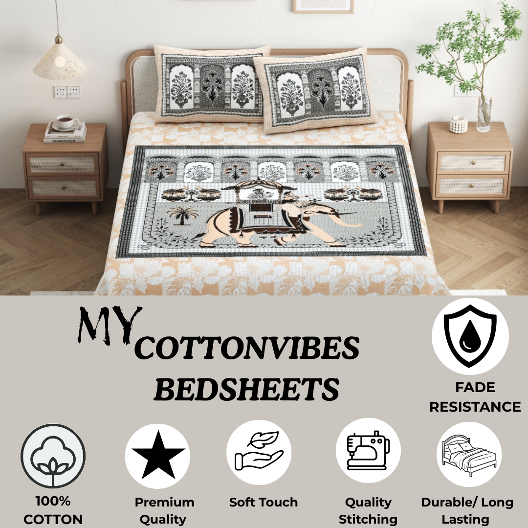 Chitrakala Hathi Maharaja – Pista Green King Size Bedsheet with Pillow Covers