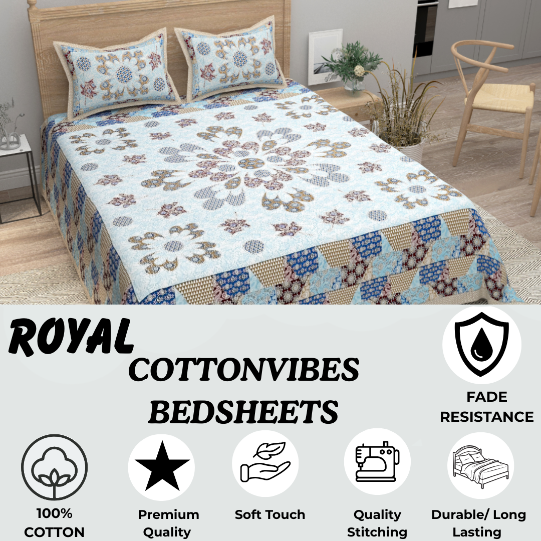 Royal Floral Bliss Pure Cotton Super King Size Bedsheet (108x108) with 2 Pillow Covers