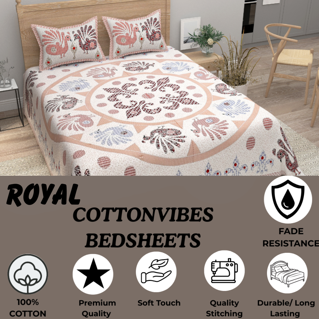 Royal Peacock Print Pure Cotton Super King Size Bedsheet 108x108 for Double Bed with 2 Pillow Covers