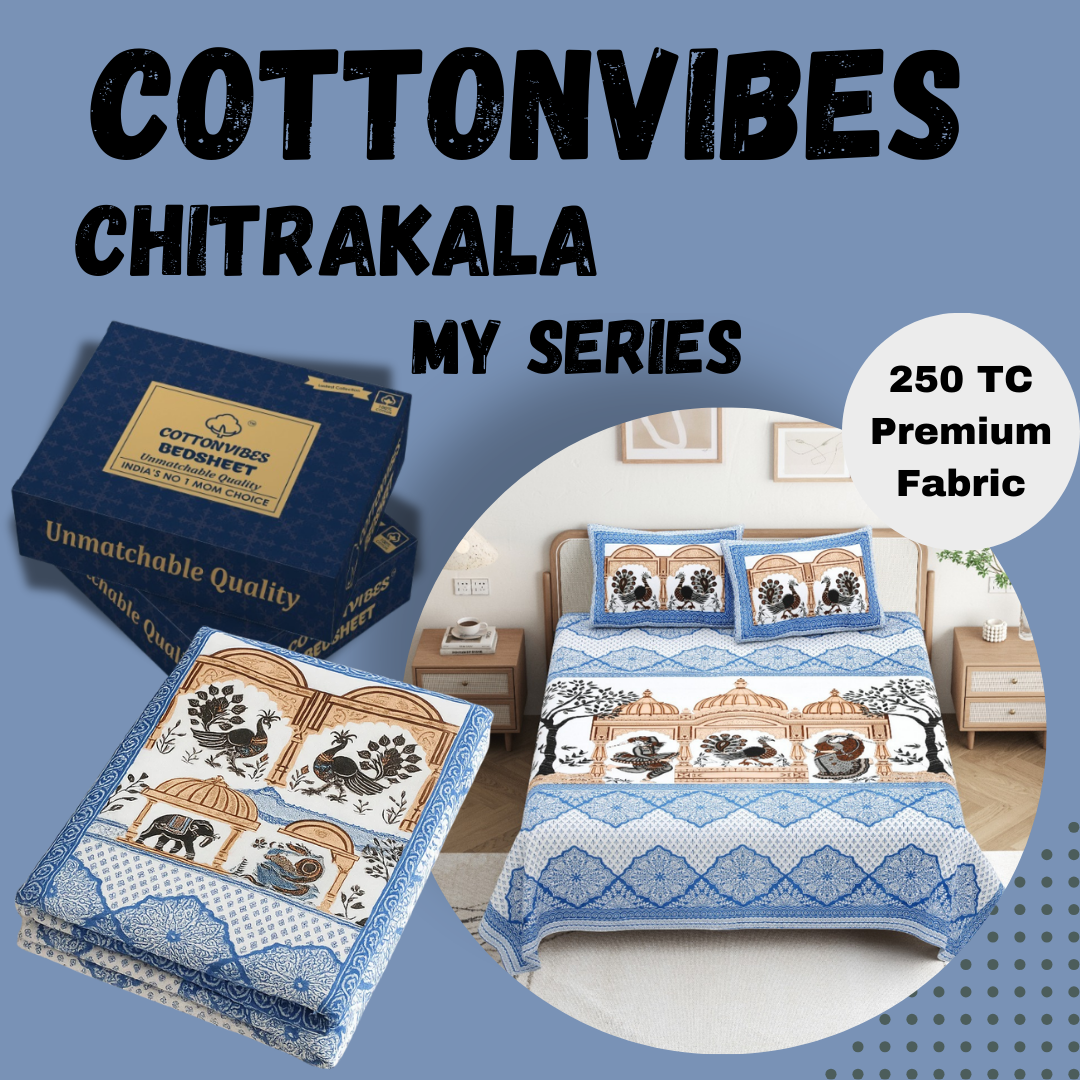 Chitrakala Palki Darbar – Blue King Size Bedsheet with Pillow Covers