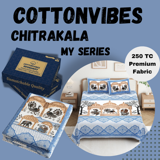 Chitrakala Palki Darbar – Blue King Size Bedsheet with Pillow Covers