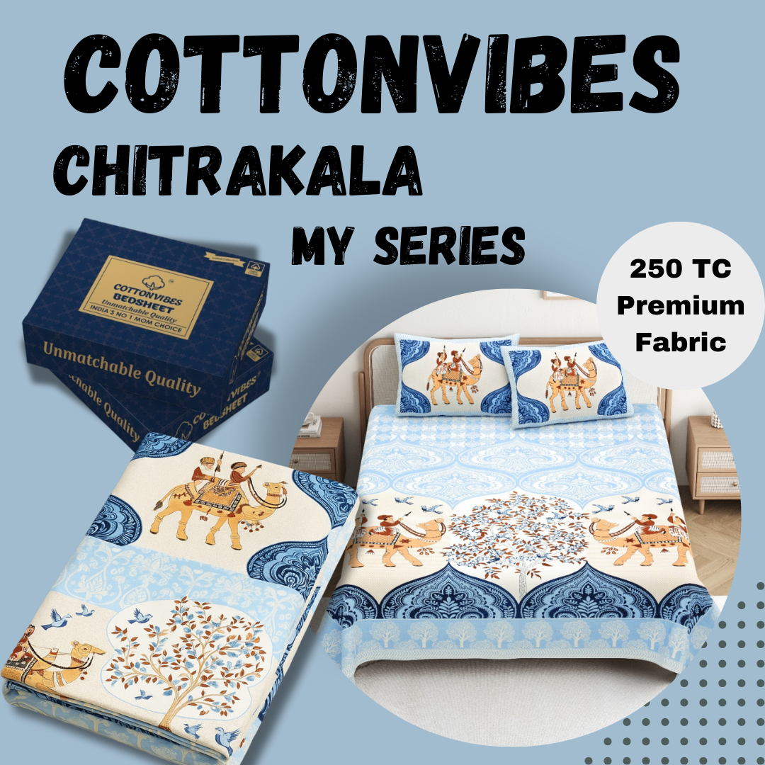 Chitrakala Camel Vistaar – Blue King Size Bedsheet with Pillow Covers