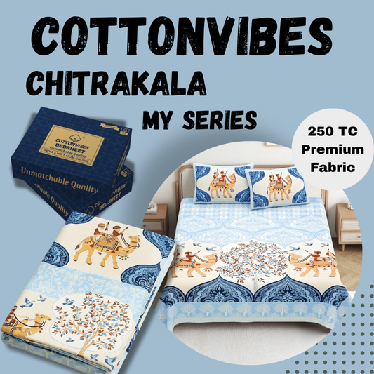 Chitrakala Camel Vistaar – Blue King Size Bedsheet with Pillow Covers