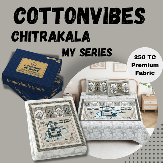 Chitrakala Hathi Maharaja – Grey King Size Bedsheet with Pillow Covers