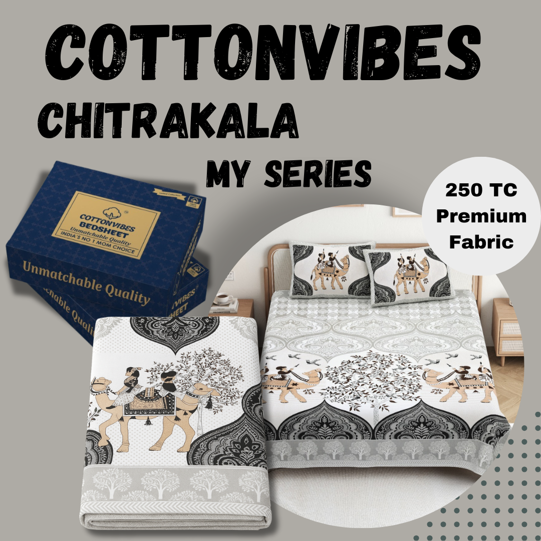 Chitrakala Camel Vistaar – Grey King Size Bedsheet with Pillow Covers