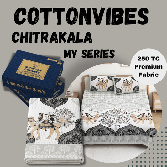 Chitrakala Camel Vistaar – Grey King Size Bedsheet with Pillow Covers