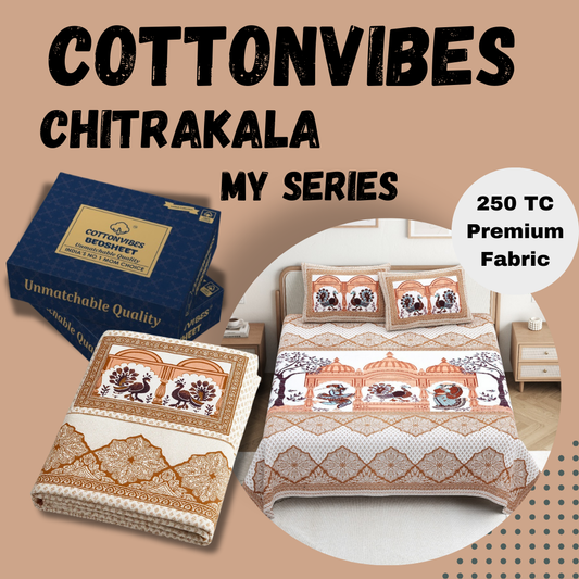 Chitrakala Palki Darbar – Golden King Size Bedsheet with Pillow Covers