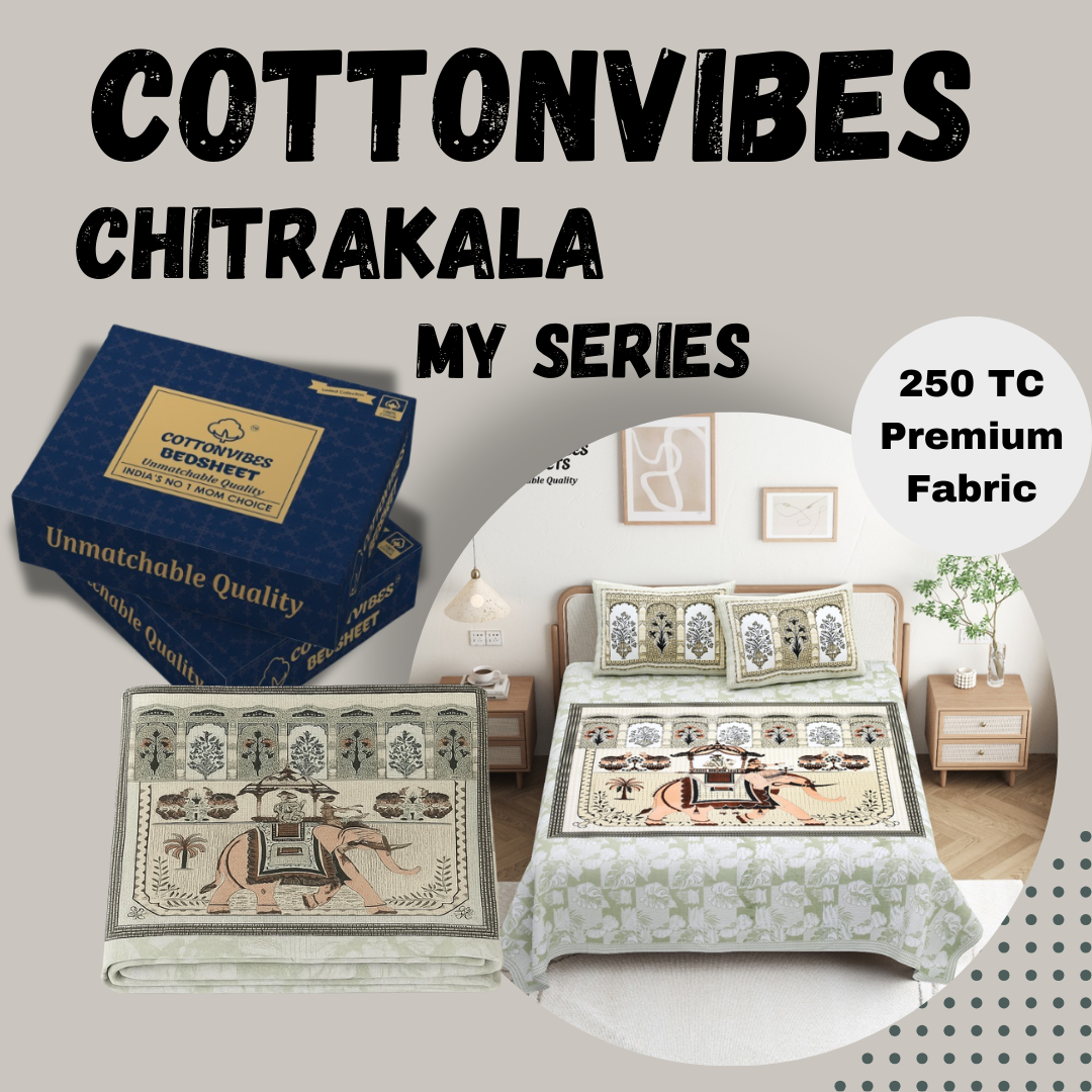 Chitrakala Hathi Maharaja – Pista Green King Size Bedsheet with Pillow Covers