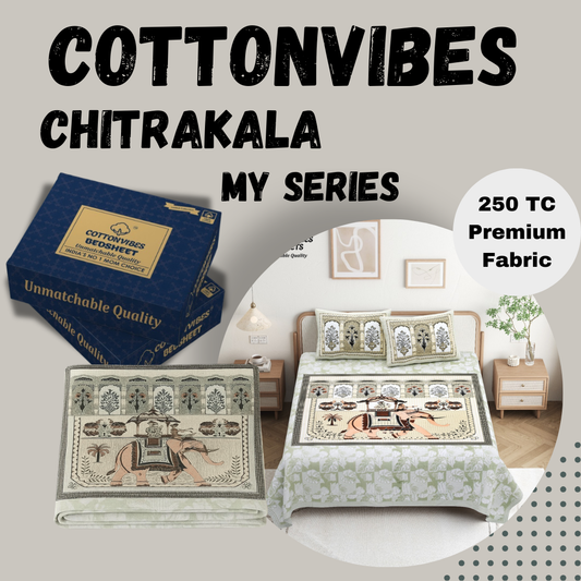 Chitrakala Hathi Maharaja – Pista Green King Size Bedsheet with Pillow Covers