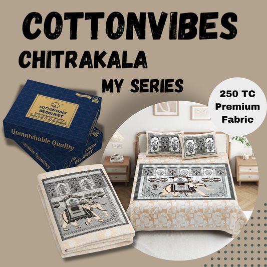 CHITRAKALA Hathi Maharaja – Golden King Size Bedsheet with Pillow Covers