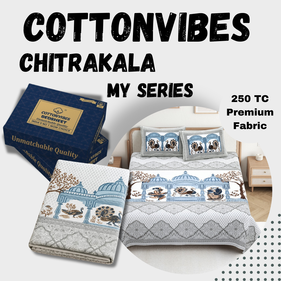 Chitrakala Palki Darbar – Blue Grey King Size Bedsheet with Pillow Covers