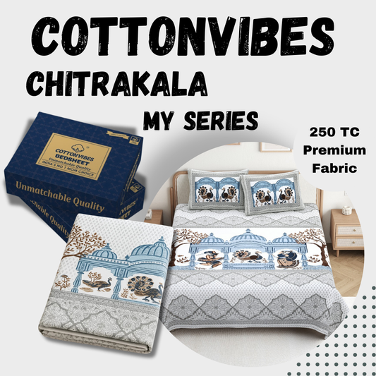 Chitrakala Palki Darbar – Blue Grey King Size Bedsheet with Pillow Covers