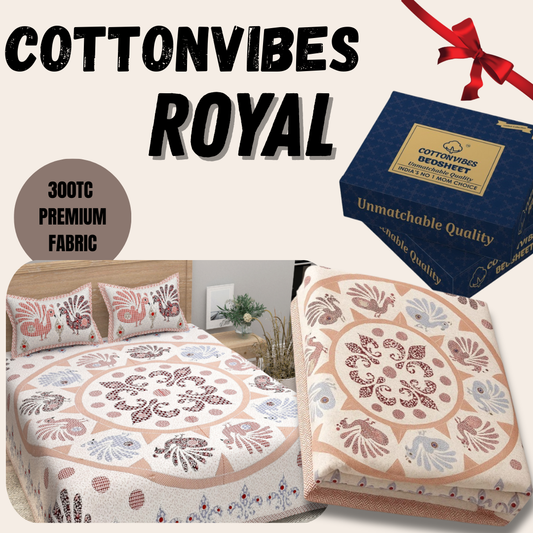 Royal Peacock Print Pure Cotton Super King Size Bedsheet 108x108 for Double Bed with 2 Pillow Covers