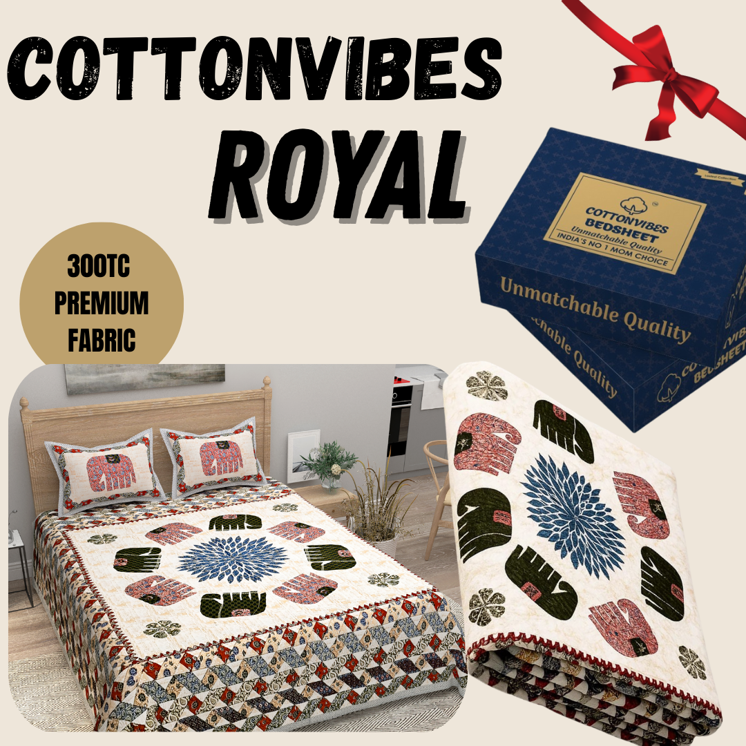 Royal Elephant Heritage Pure Cotton Super King Size Bedsheet (108x108) with 2 Pillow Covers