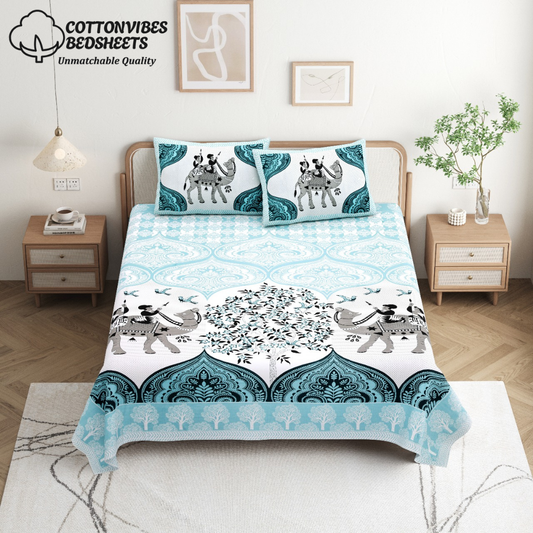 Chitrakala Camel Print King Size Bedsheet – Pure Cotton, SKY BLUE, with 2 Pillow Covers
