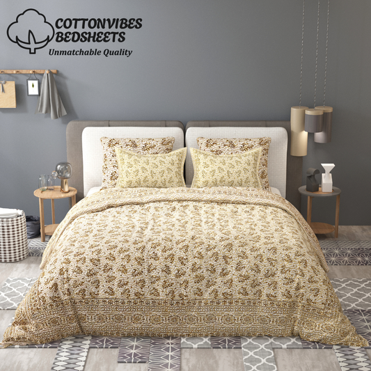 Sydney Golden Bloom Pure Cotton King Size Bedsheet (90x108) with 2 Pillow Covers