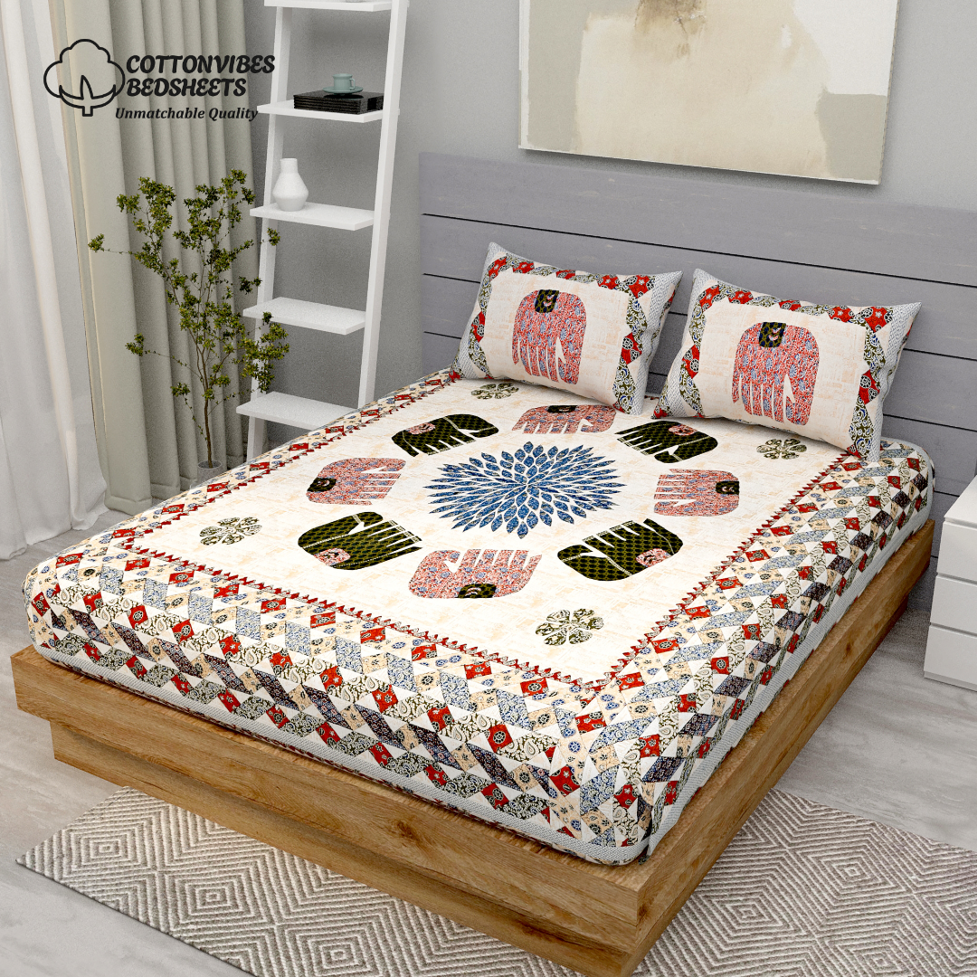 Royal Elephant Heritage Pure Cotton Super King Size Bedsheet (108x108) with 2 Pillow Covers