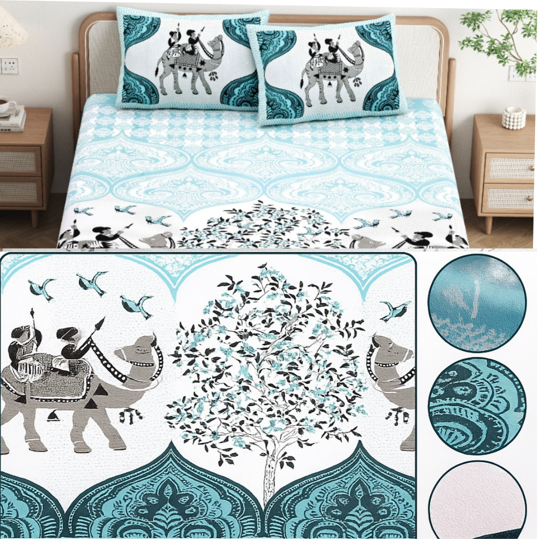 Chitrakala Camel Print King Size Bedsheet – Pure Cotton, SKY BLUE, with 2 Pillow Covers