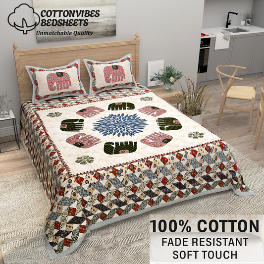 Royal Elephant Heritage Pure Cotton Super King Size Bedsheet (108x108) with 2 Pillow Covers