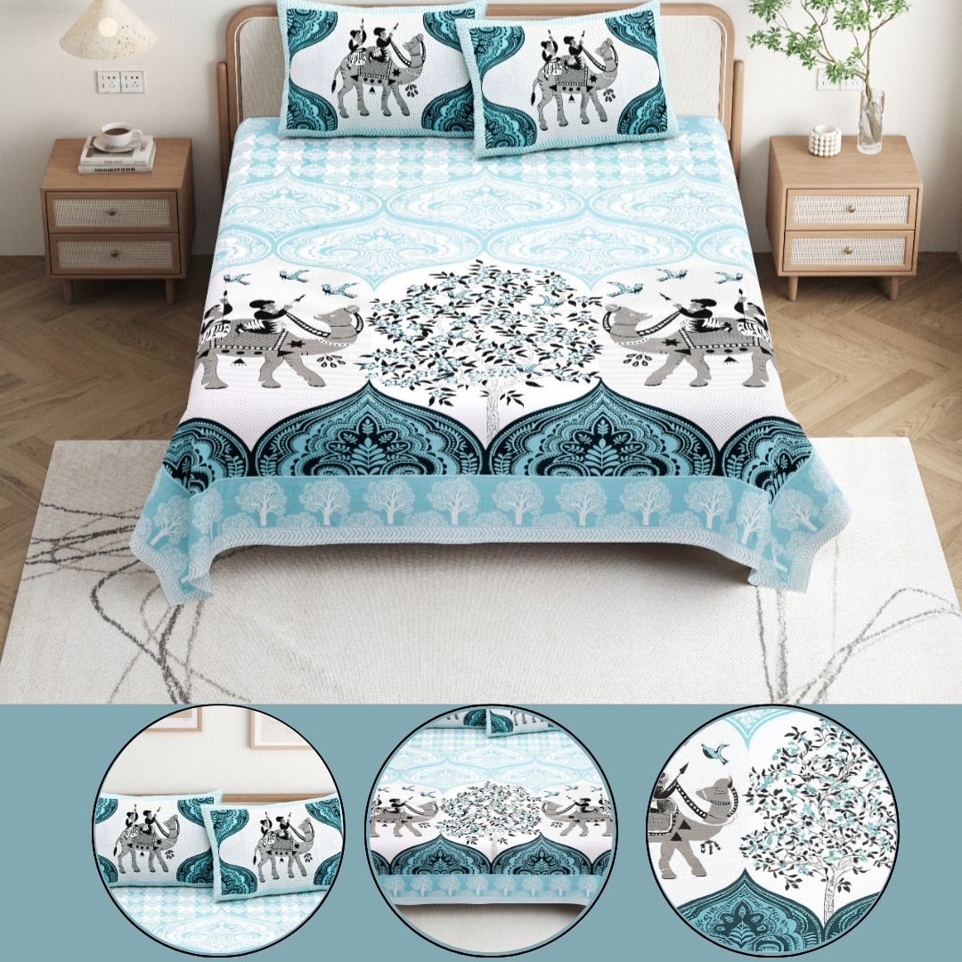 Chitrakala Camel Print King Size Bedsheet – Pure Cotton, SKY BLUE, with 2 Pillow Covers