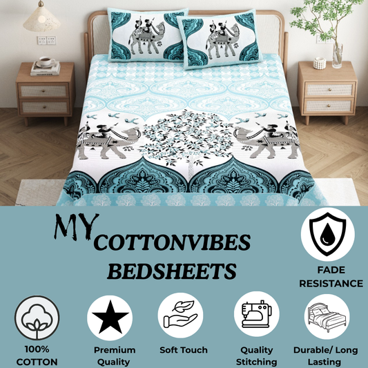 Chitrakala Camel Print King Size Bedsheet – Pure Cotton, SKY BLUE, with 2 Pillow Covers