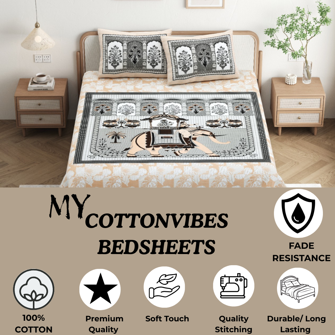 CHITRAKALA Hathi Maharaja – Golden King Size Bedsheet with Pillow Covers