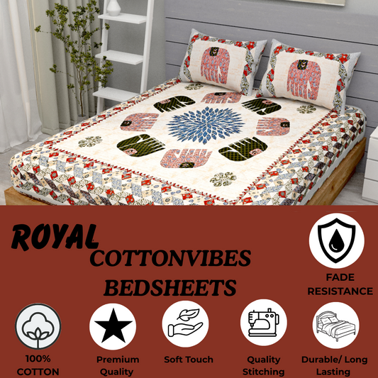 Royal Elephant Heritage Pure Cotton Super King Size Bedsheet (108x108) with 2 Pillow Covers