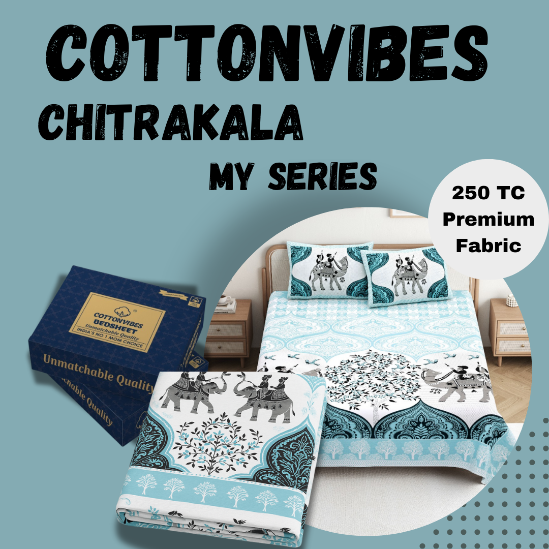 Chitrakala Camel Print King Size Bedsheet – Pure Cotton, SKY BLUE, with 2 Pillow Covers